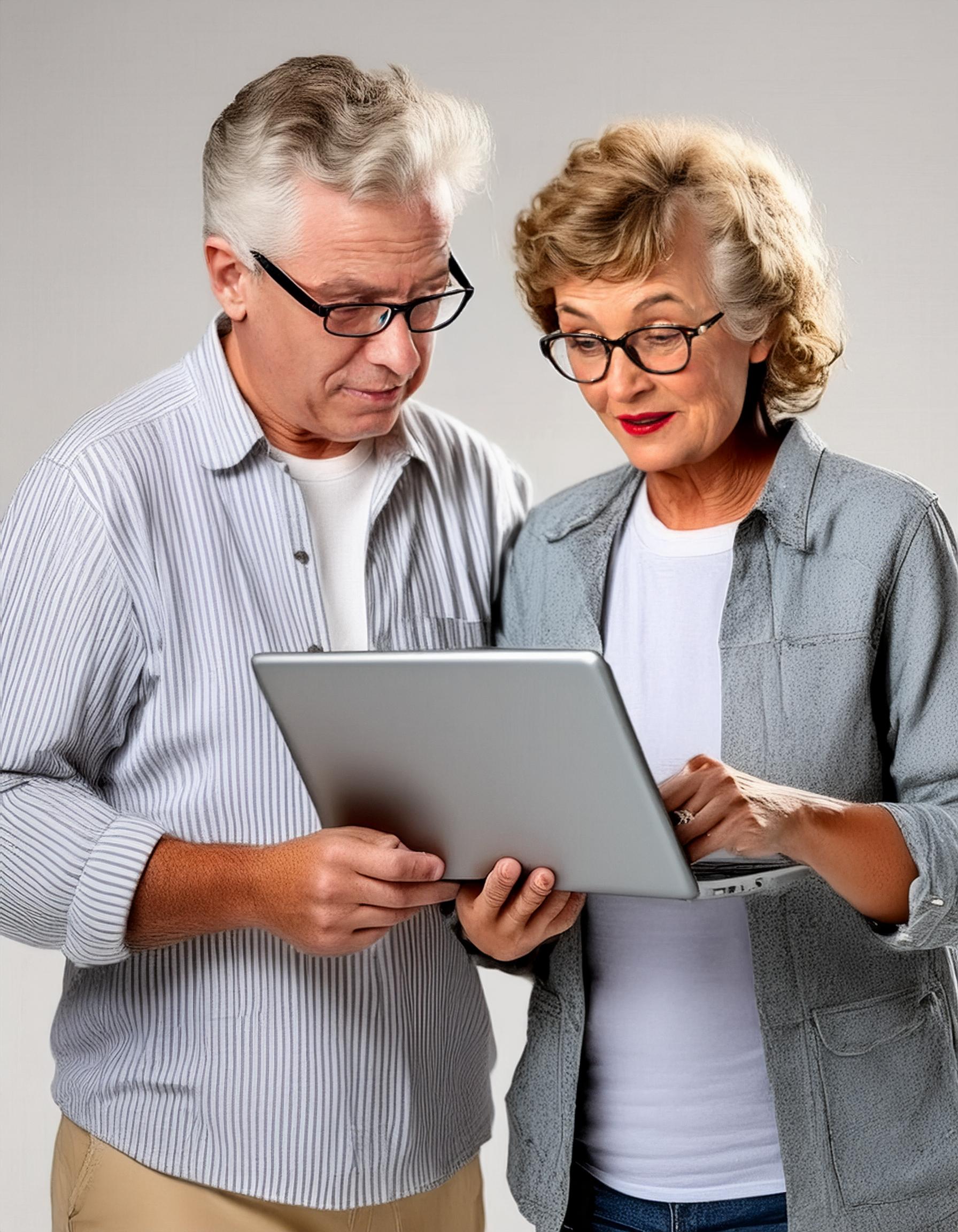 Seniors learning to use digital technology, promoting lifelong learning, white background 83