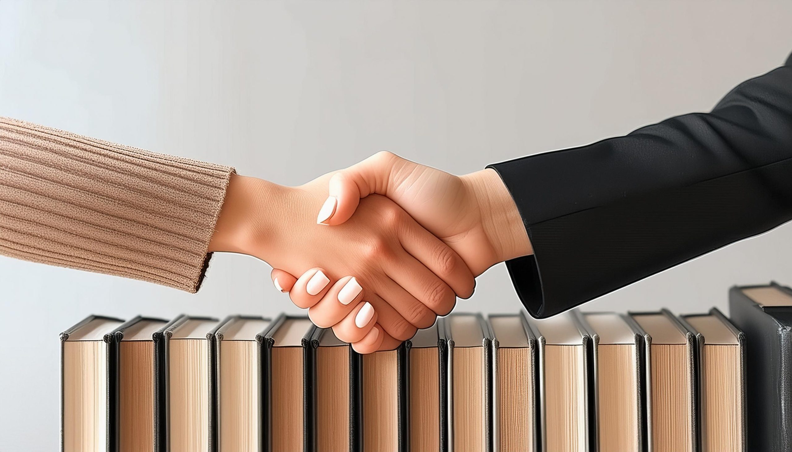 HANDSHAKE, WOMEN, WHITE BACKGROUND WITH BOOKS 97149