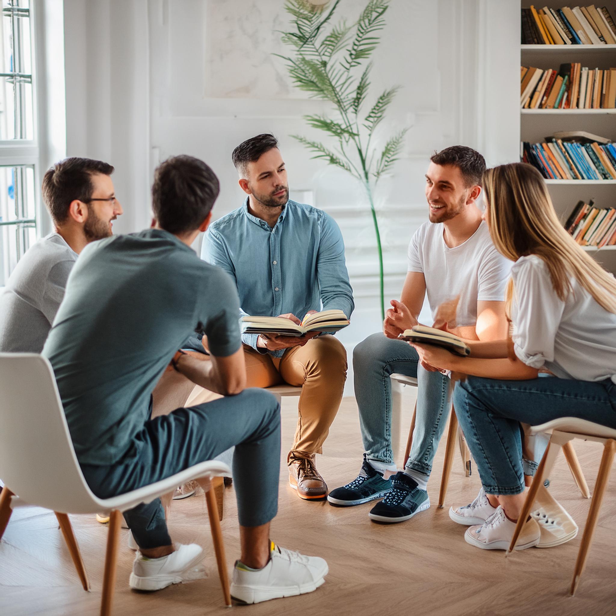 Firefly a dialogic gathering of adults, sitting in a circle, discussing books, bright room with book